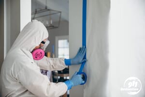 mold removal technician sectioning off rooms in residence